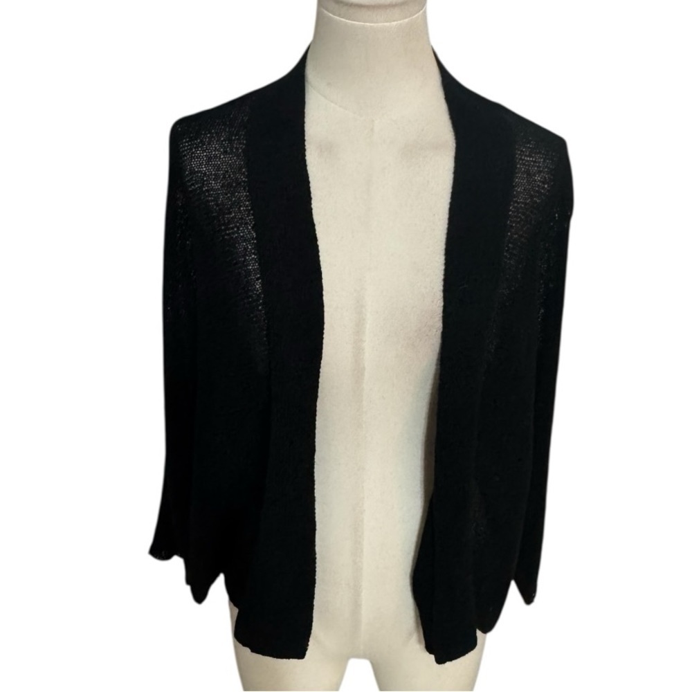 EILEEN FISHER Linen‎ Blend Black Cardigan Sweater Lightweight Knit Size L Work